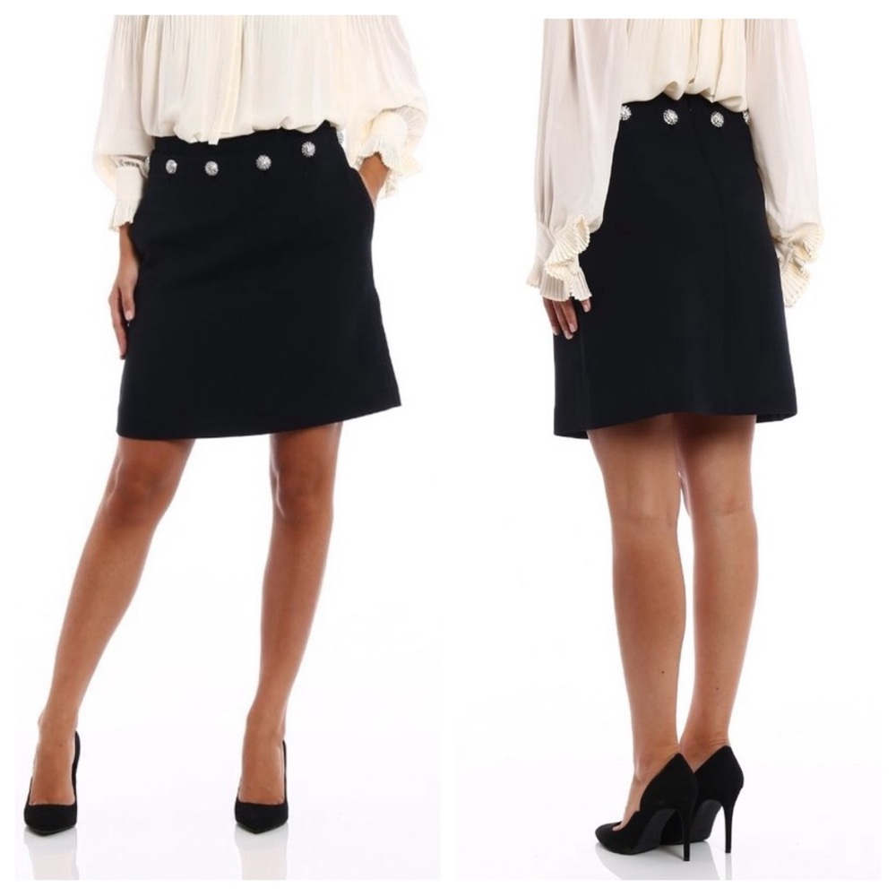 $358 Tory Burch Fremont Crystal Embellished A-Line Skirt Black Wool Knit SZ 6